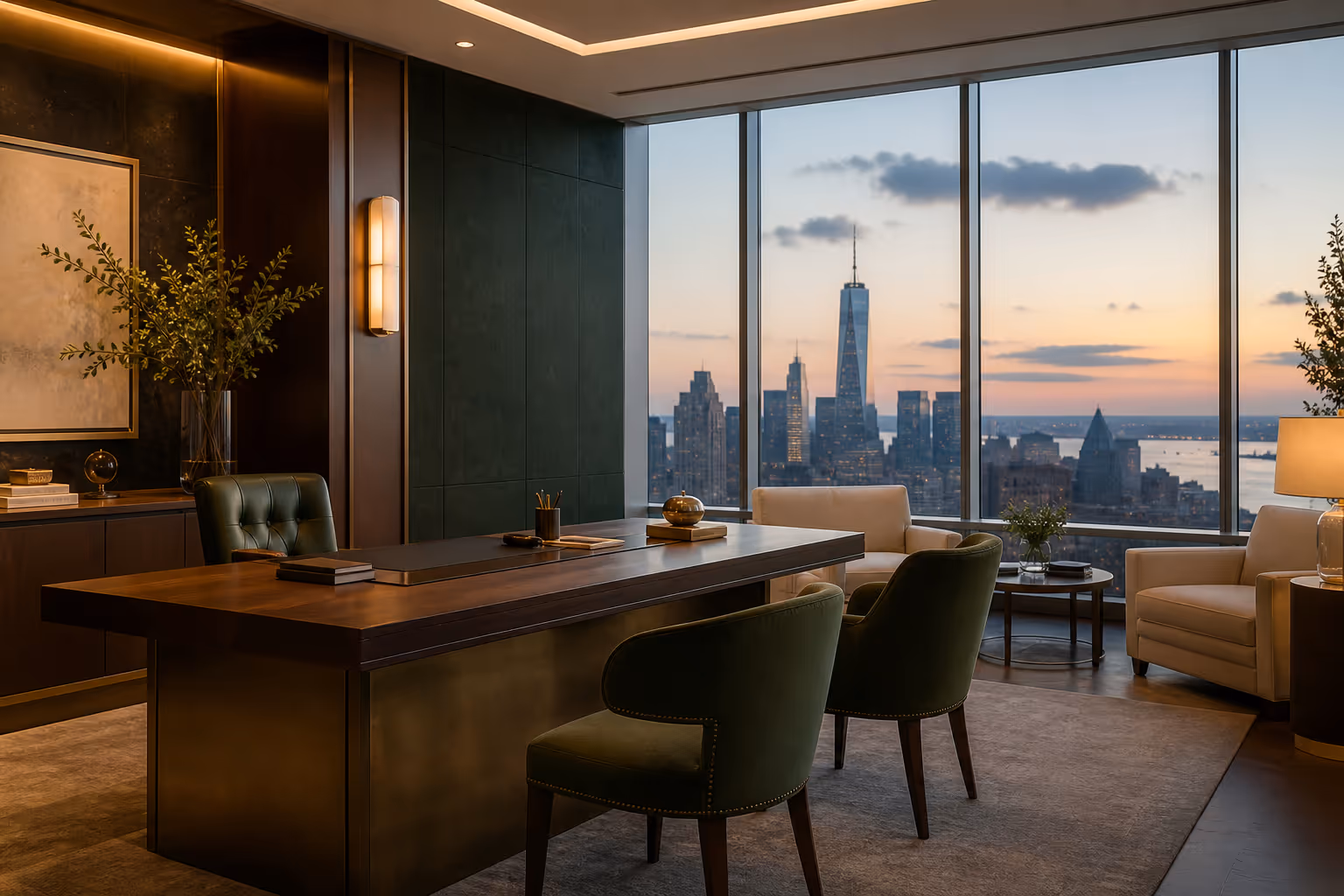 A private wealth advisory office at dusk — forest-green and brass interiors overlooking a calm city skyline