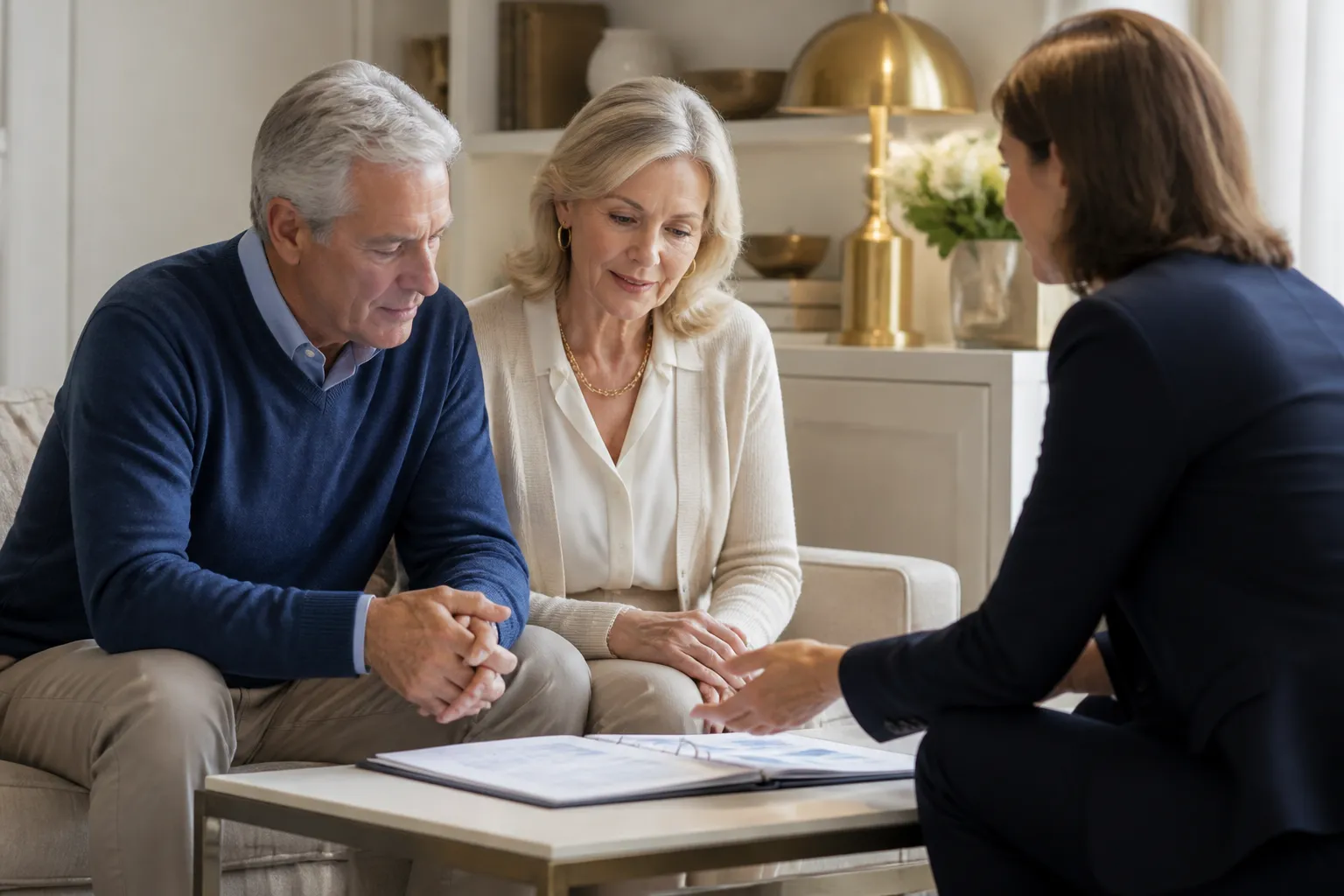 A couple reviewing their financial plan together with a Sterling & Vale advisor